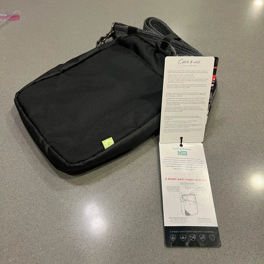 NWT Travelon Greenlander Anti Theft Small Travel Crossbody Bag Purse Black RFID